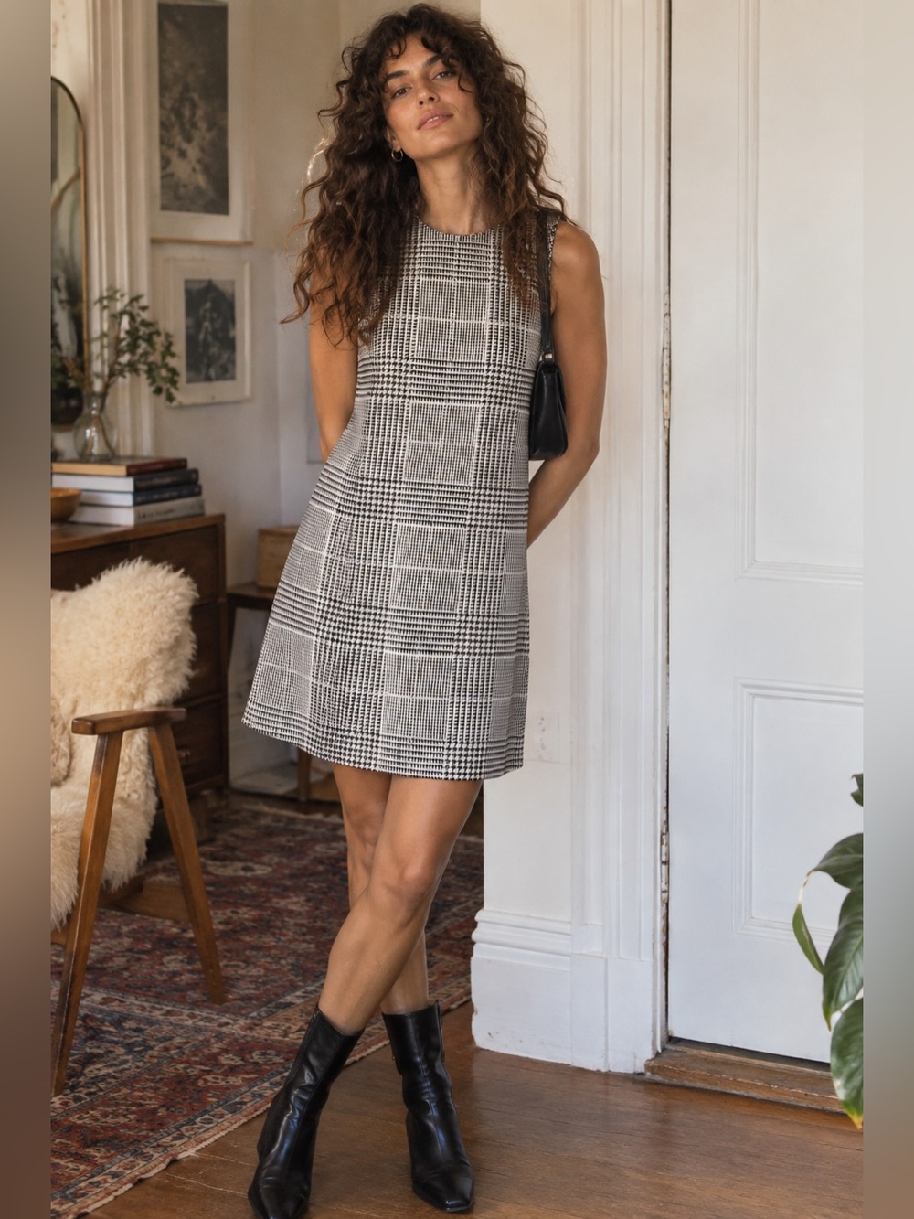 Theory Houndstooth Plaid Sleeveless Sheath Dress Black White Size 8
